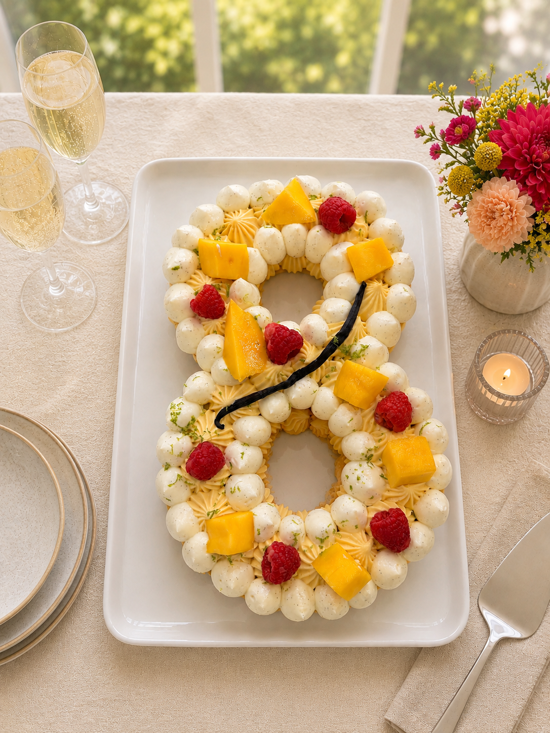 Number cake vanille mangue passion avec décor