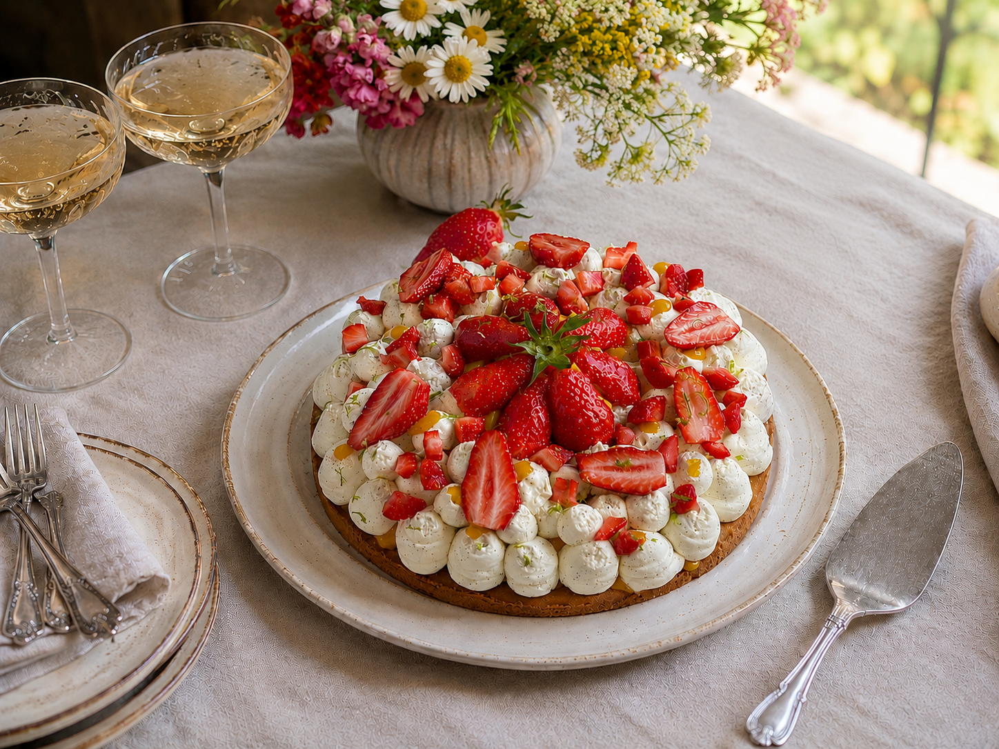 Tarte fraise mangue en ambiance estivale, pâtisserie sur commande à Antony